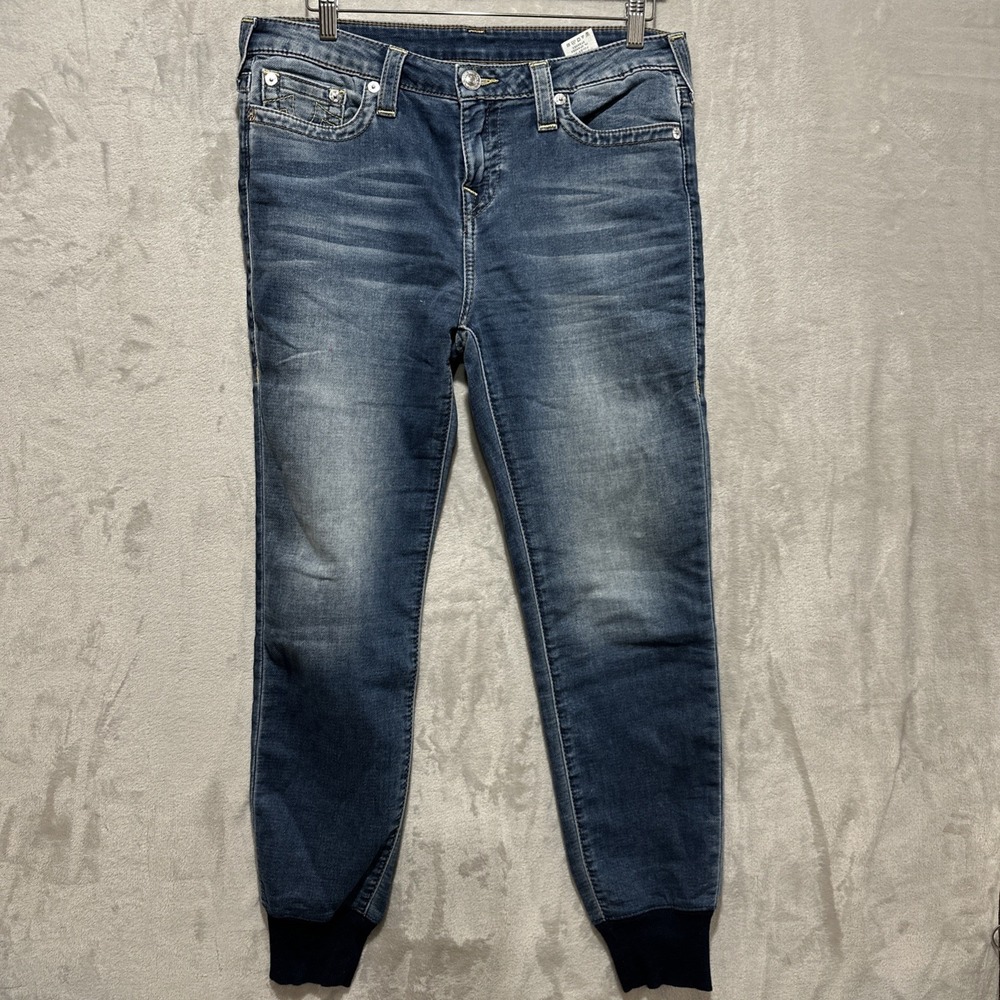 True Religion Men's 29 Blue World Tour Jean Drawstring Joggers Zippered Fly Logo